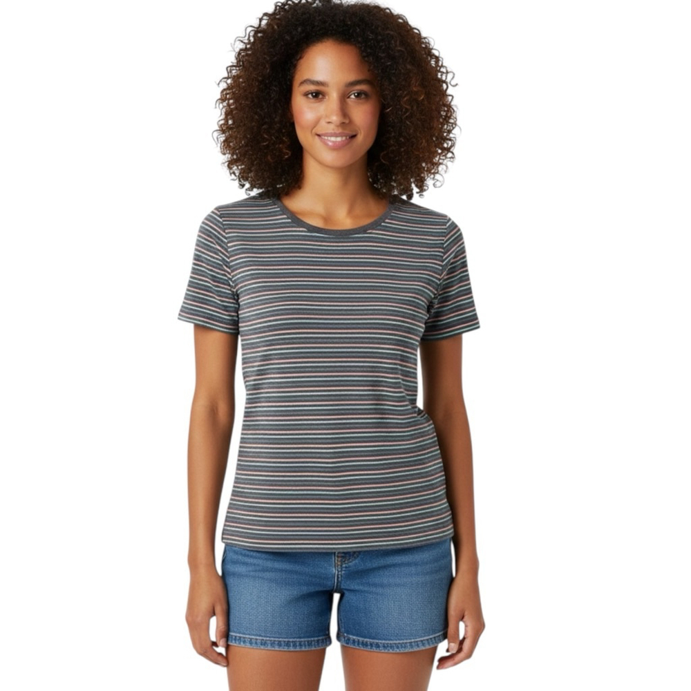 L.L.Bean Striped Tee XS Reg Gray Pink Blue Classic Crewneck